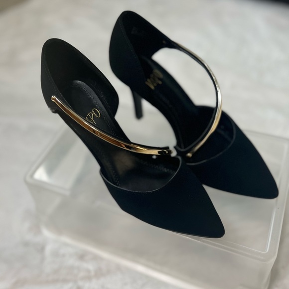 Impo Shoes Impo Tracie Black Pointy Toe Suede Gold Strap High Heels